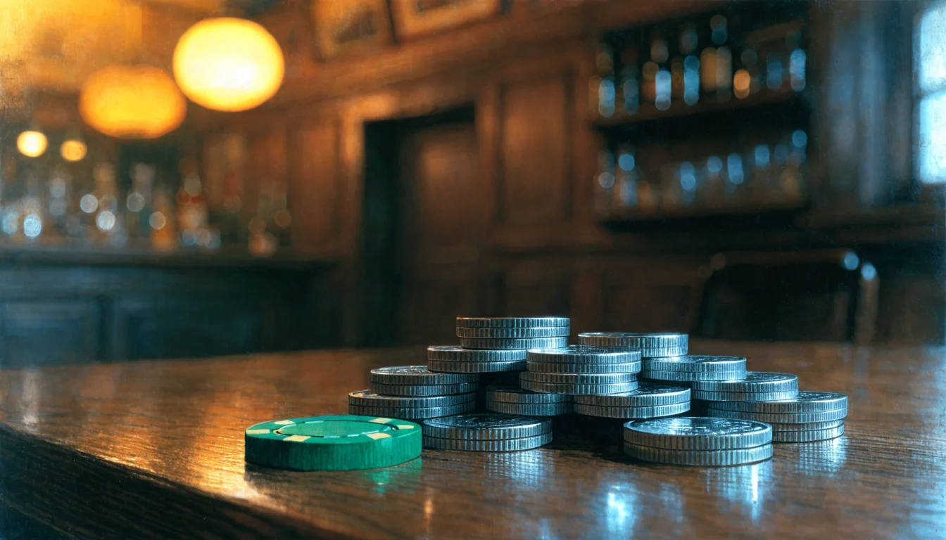 British one-pound coins on a pub table with a single casino chip.
