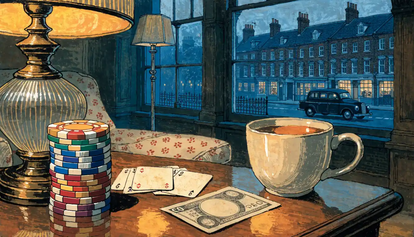 Cozy British living room with casino chips, playing cards, a ten-pound note, and a cup of tea on a side table