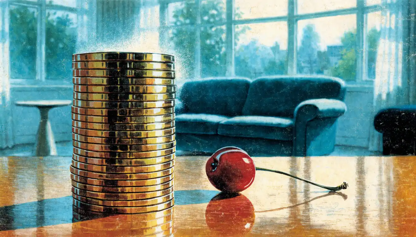 Golden casino chips and a cherry on a wooden table in a bright British living room.
