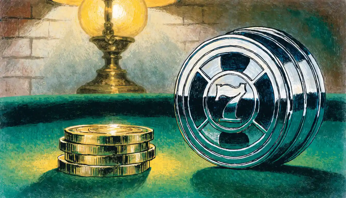 Golden coins and slot reel charm on green felt with British pub lamp background