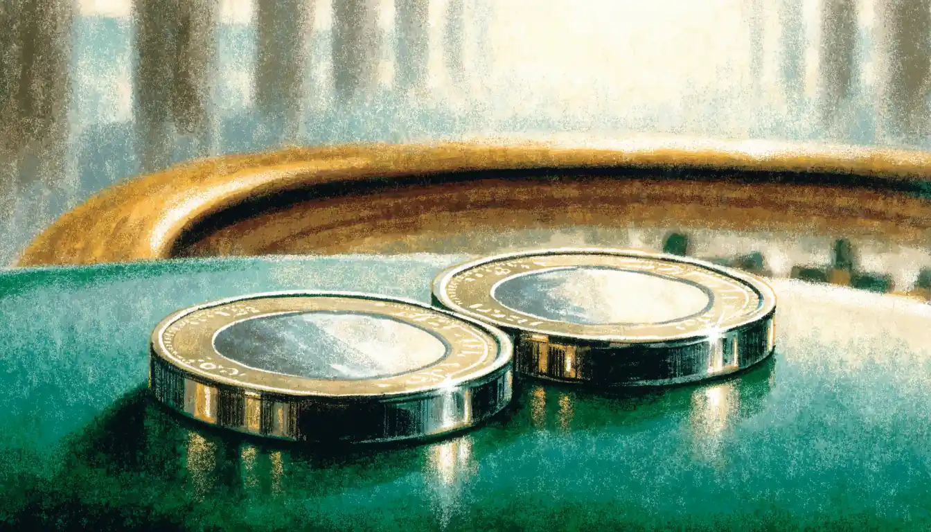 Two British pound coins on green casino felt with a blurred roulette wheel in the background