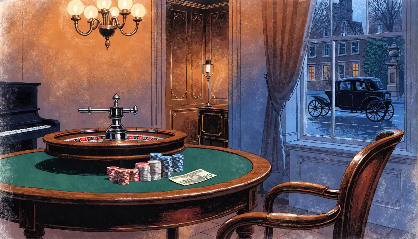British casino lounge with roulette wheel, poker chips, and a £20 note on a green felt table.