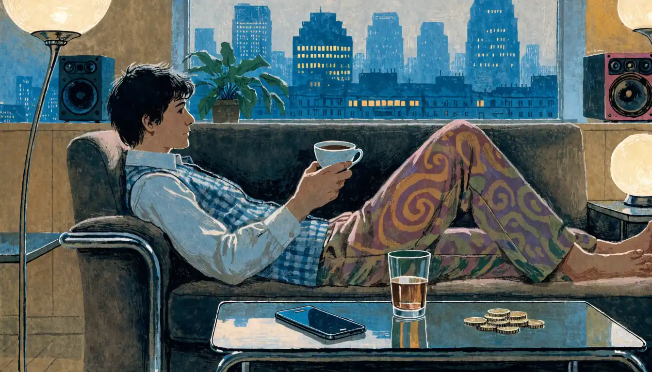 Person relaxing at home in London with smartphone and coins, evening atmosphere