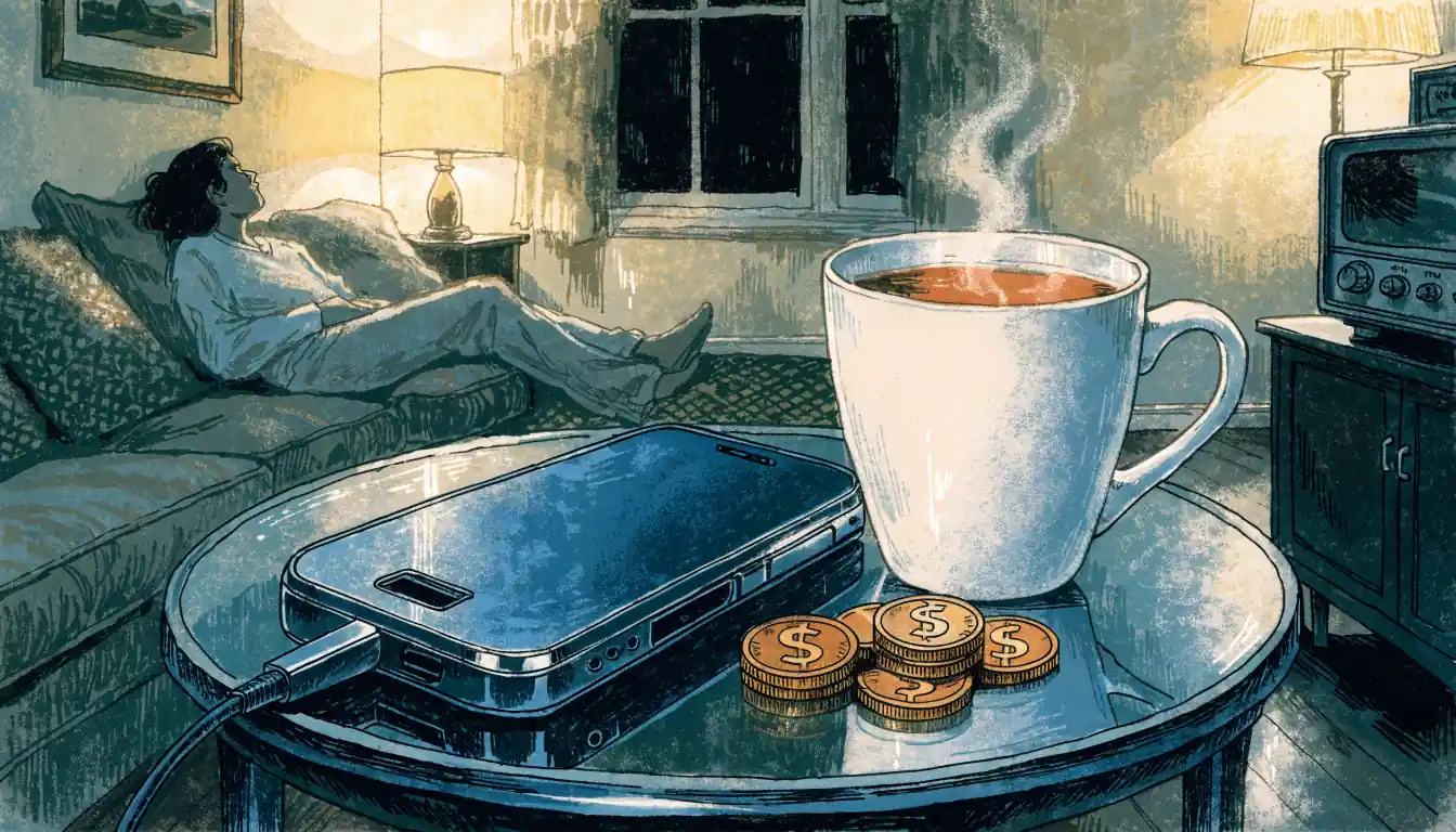 Smartphone on a coffee table with tea and pound coins in a cozy British living room.