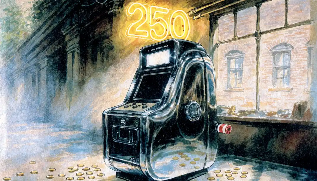 Glowing slot machine with neon 250 sign and gold coins