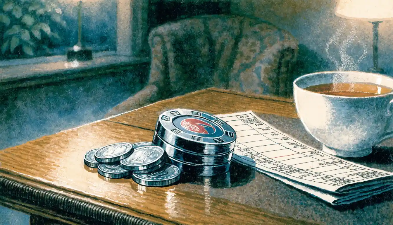 British pound coins beside a casino chip on a felt table