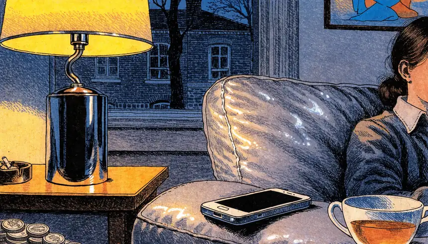 British living room with smartphone, tea, and pound coins.