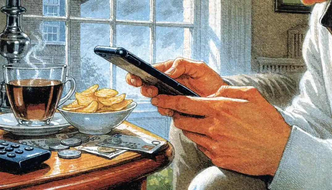 Hands holding a smartphone near British pounds and tea, suggesting a small online casino deposit in a UK home.