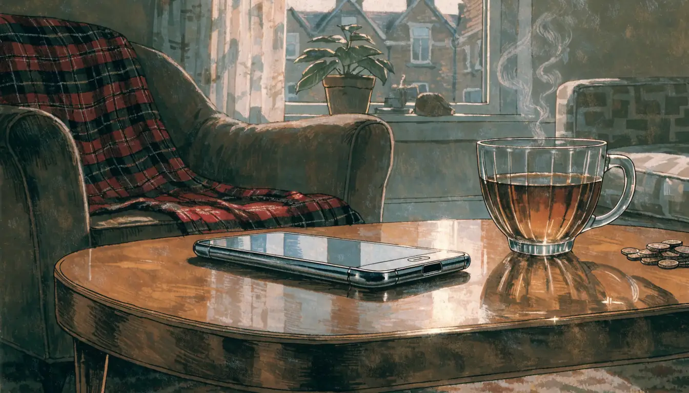 Smartphone face-down on a coffee table in a British living room with tea