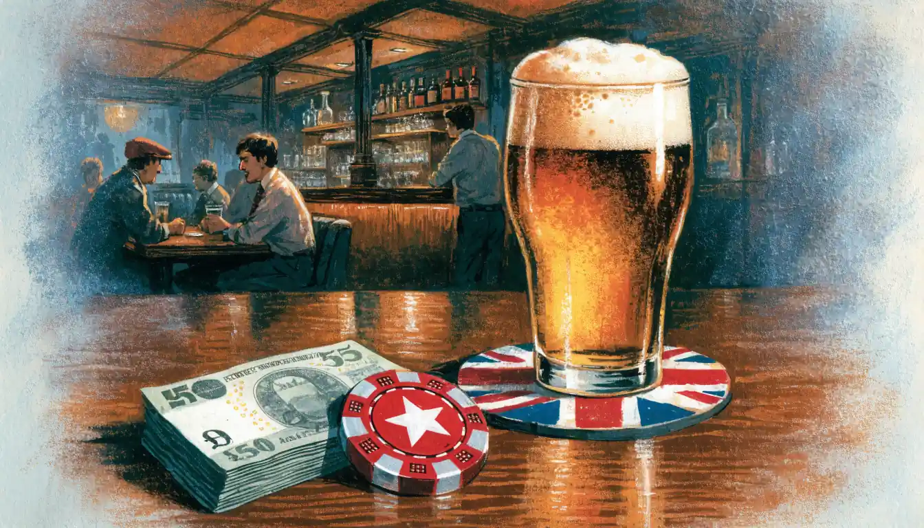 British five-pound notes and a red casino chip on a pub table in the UK.