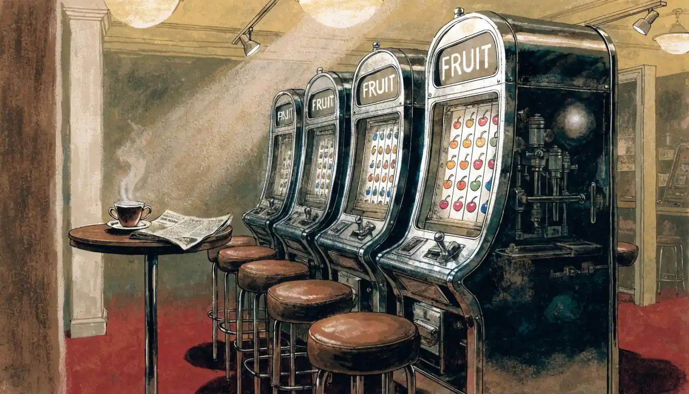 Classic British fruit slot machines in a warm gaming lounge interior