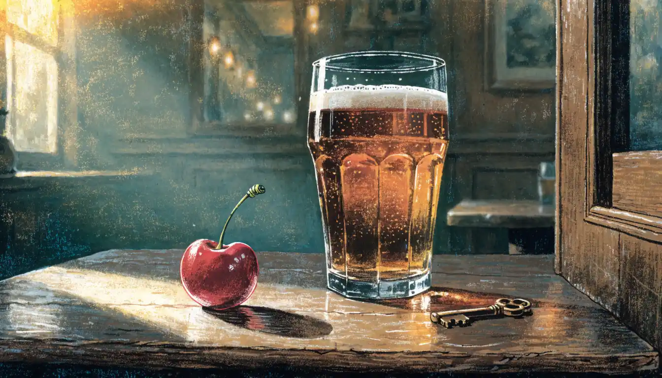 A red cherry, brass key, and pint of beer on a wooden pub table in a traditional British pub interior.