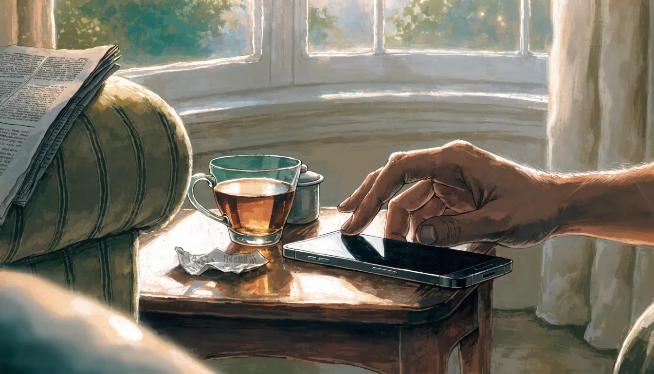 Smartphone face-down on a side table in a British living room with tea and a newspaper.