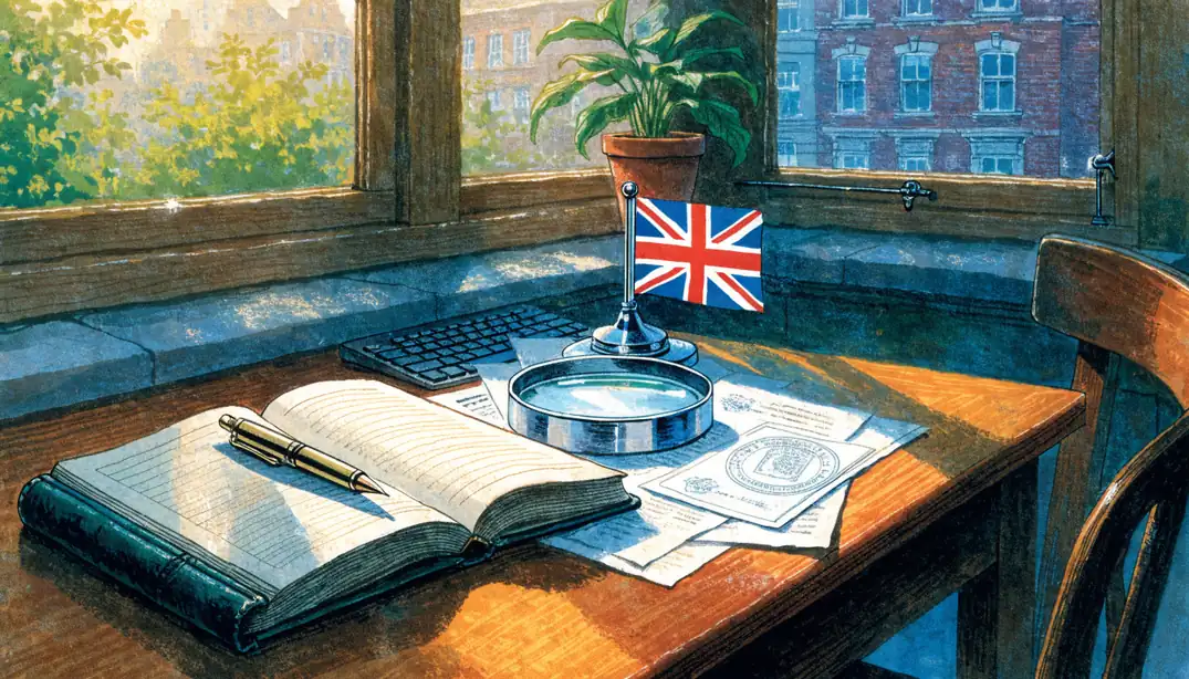 Notebook, magnifying glass, and small Union Jack on a wooden desk in afternoon light.