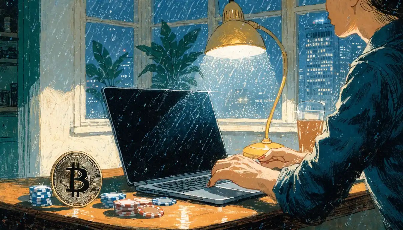 Person at London apartment desk with Bitcoin token and poker chips at night