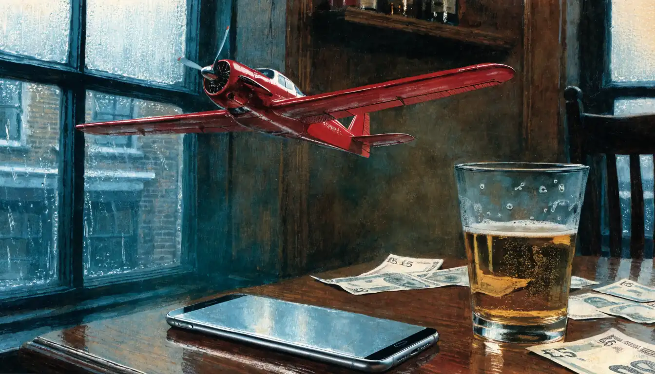Red toy airplane flying over a smartphone on a pub table with British pounds.