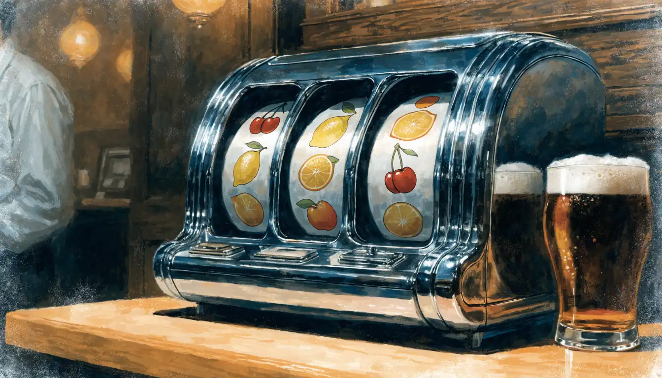 Classic three-reel slot machine in a traditional British pub setting.