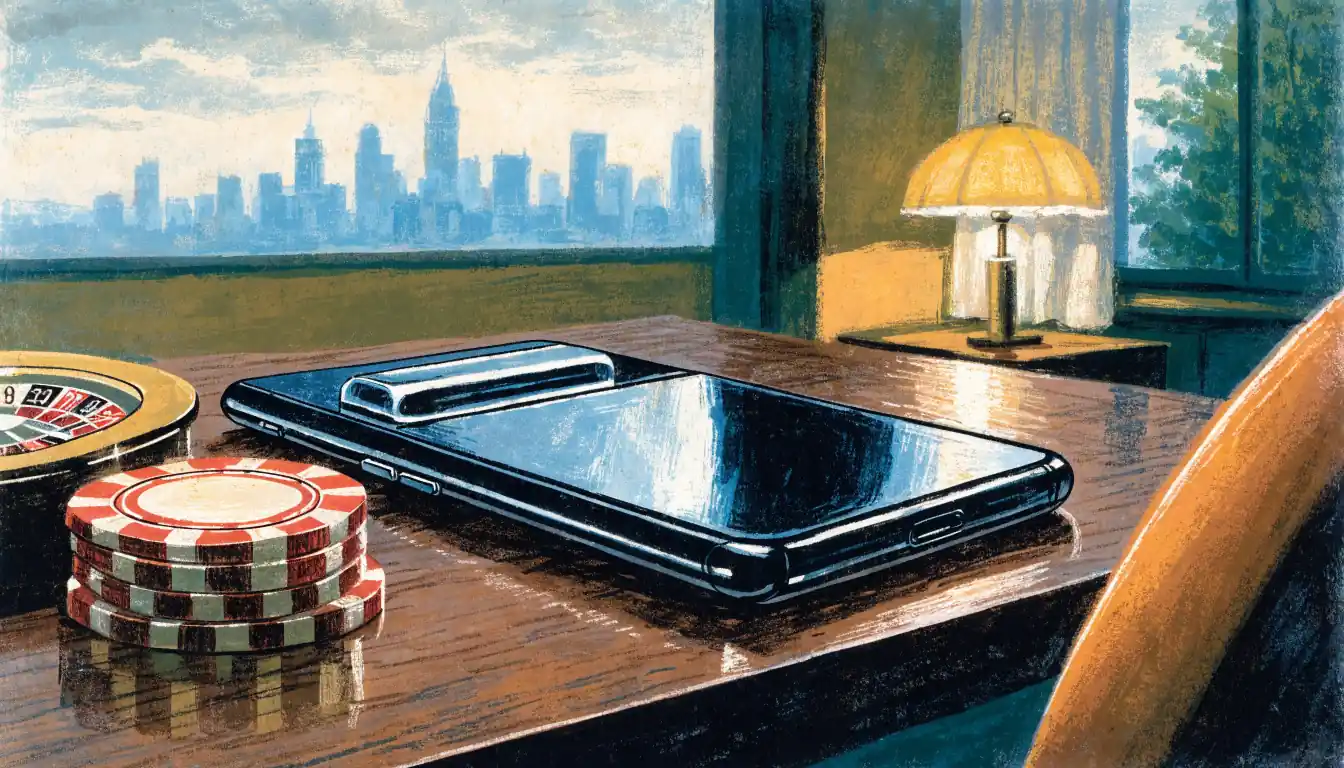 Android smartphone on a table with casino chips and a roulette wheel in a London apartment.