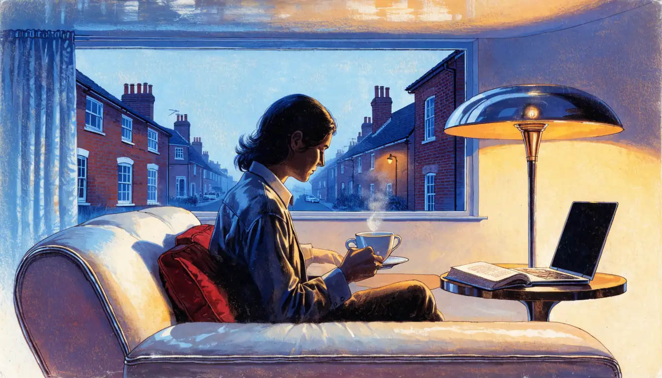 Person relaxing in a British living room at dusk with a closed laptop, tea, and a view of terraced houses through the window.