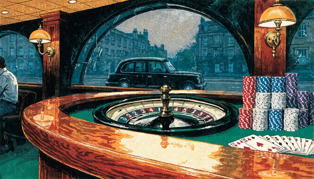 Elegant UK casino lounge with roulette wheel, chips, and cards