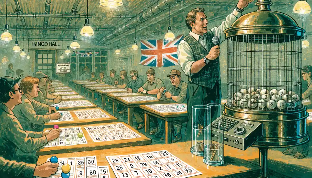 Traditional UK bingo hall with players, caller, and brass bingo cage.