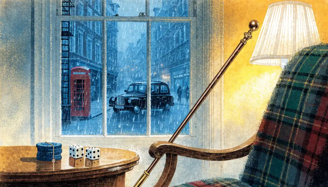 British games room with chips, dice and a rainy London street view through a sash window.