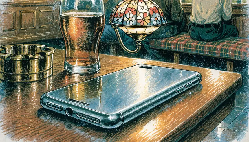 Smartphone face-down on a British pub table with ale and warm lamp light.