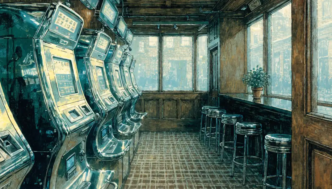 Row of slot machine cabinets inside a British high-street bookmaker with wood-paneled walls.