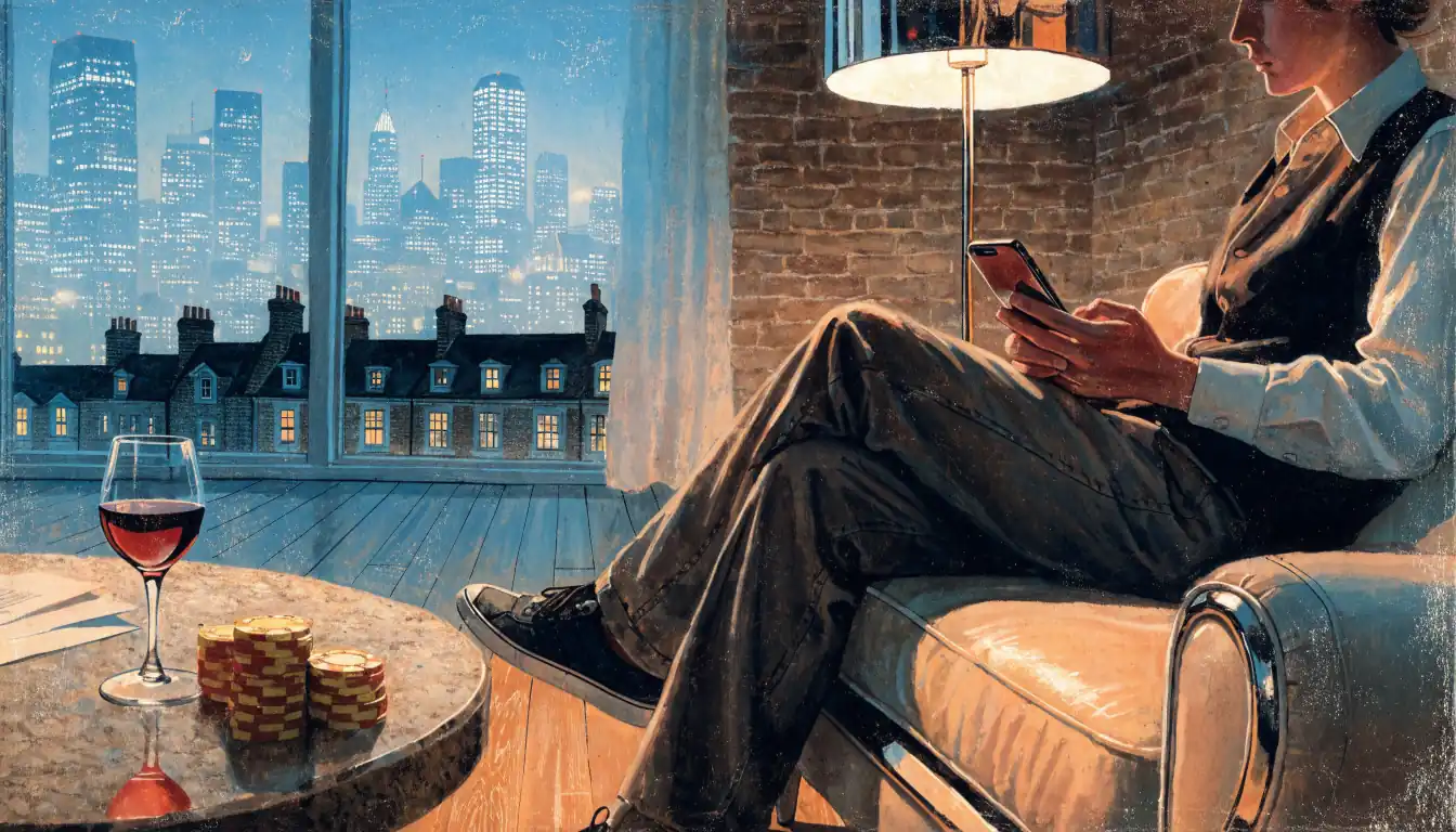 Person relaxing in a modern UK flat holding a smartphone, with casino chips and a drink nearby.