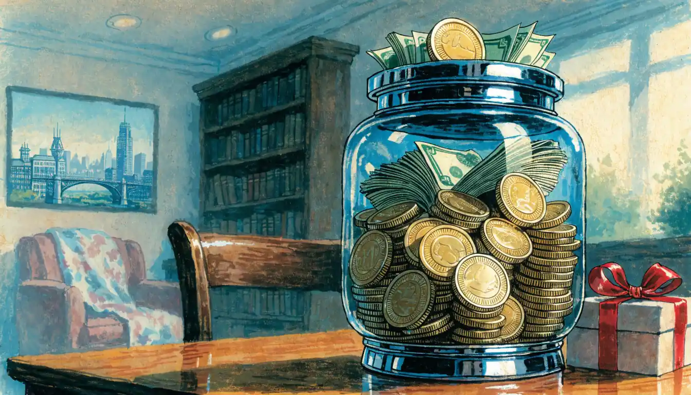 Glass jar of gold coins and banknotes beside a gift box on a table.