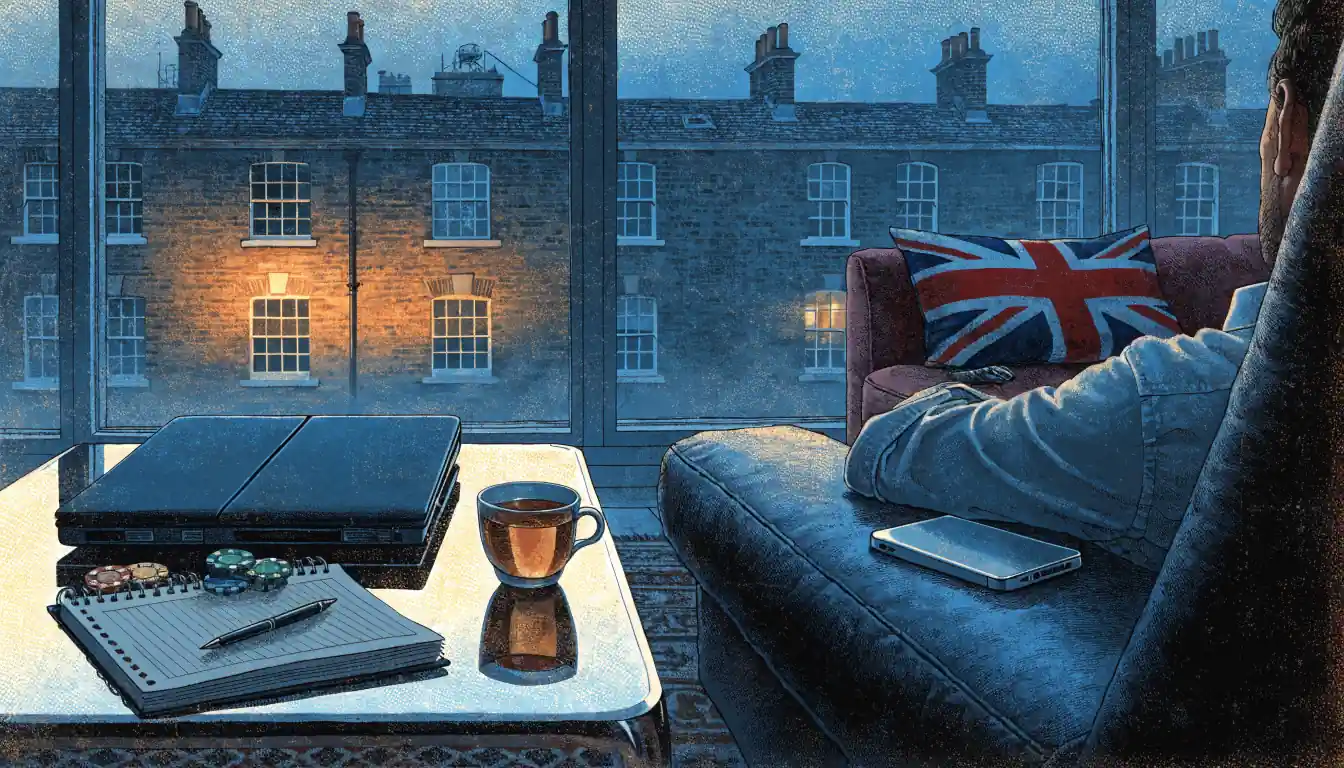British lounge scene with closed laptop, notebook, and small stack of casino chips on a coffee table