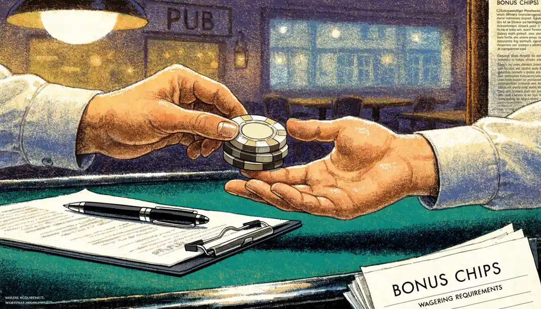 Casino chips handed over a felt table with paperwork, UK pub interior background