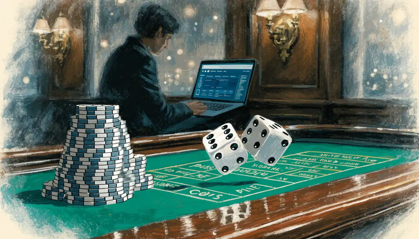 Casino craps table with chips and dice in a modern British gaming lounge
