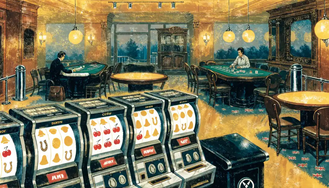 Elegant British casino interior with slot machines and gaming tables.