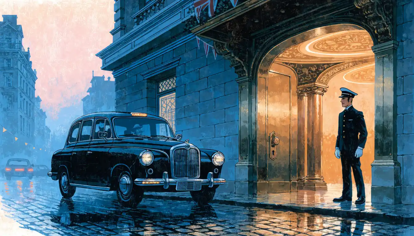 Evening view of a London casino entrance with doorman and black cab on wet street.