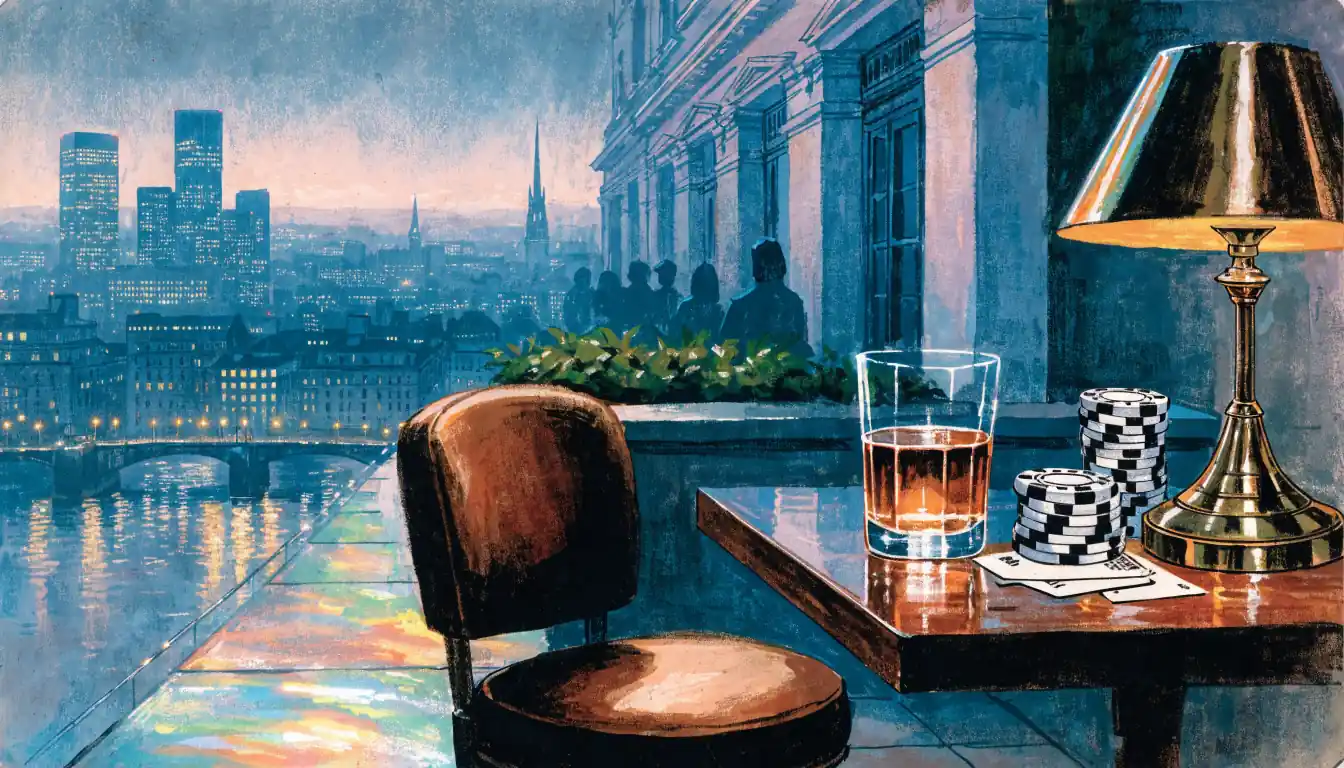 London rooftop terrace with casino chips and cards overlooking the Thames at evening