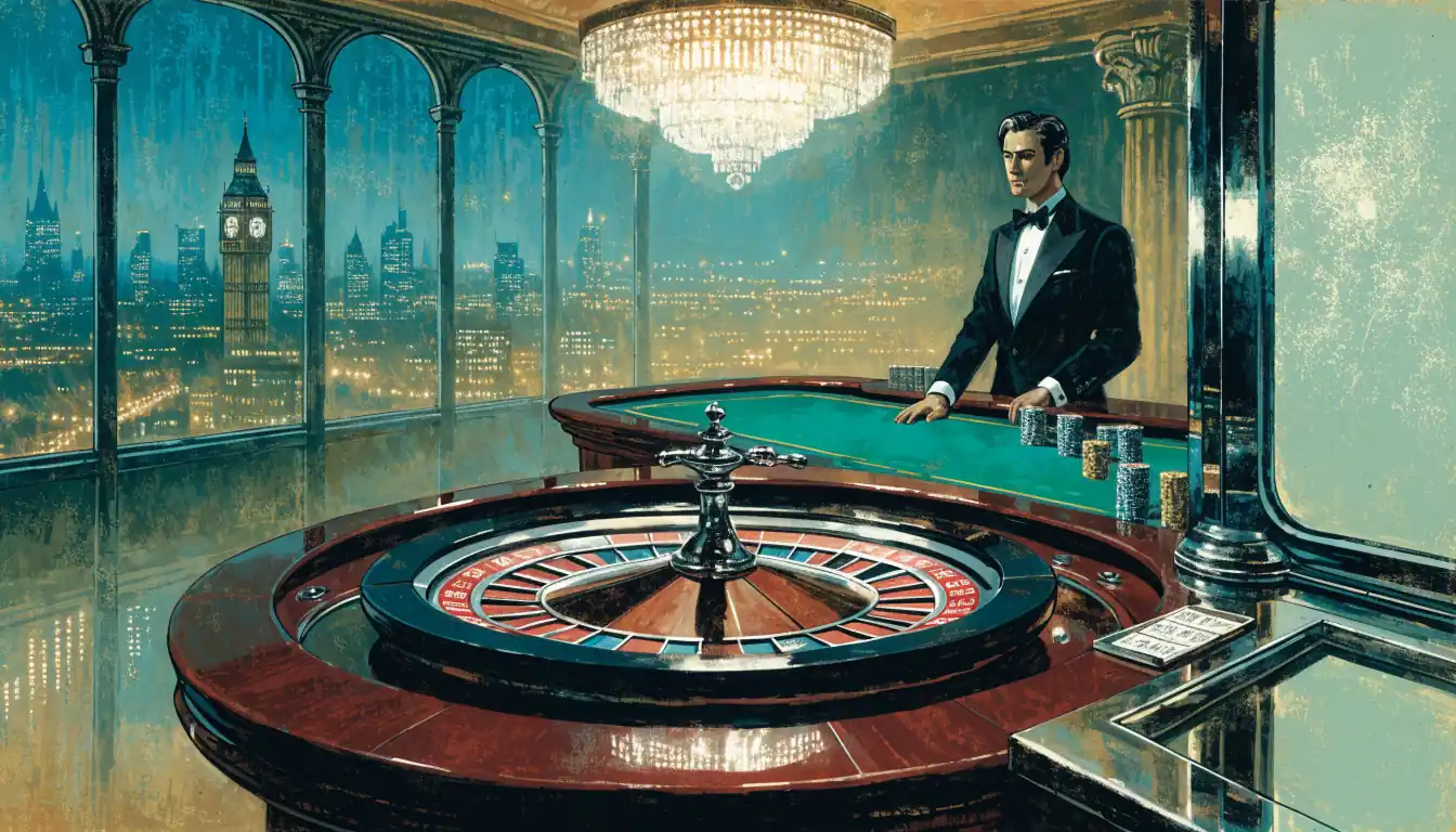 Evening view inside an elegant London casino with roulette table and croupier