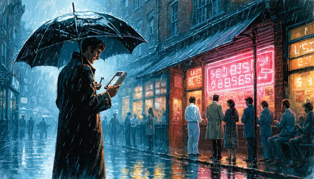 Person checking phone outside a UK betting shop in the rain at night.