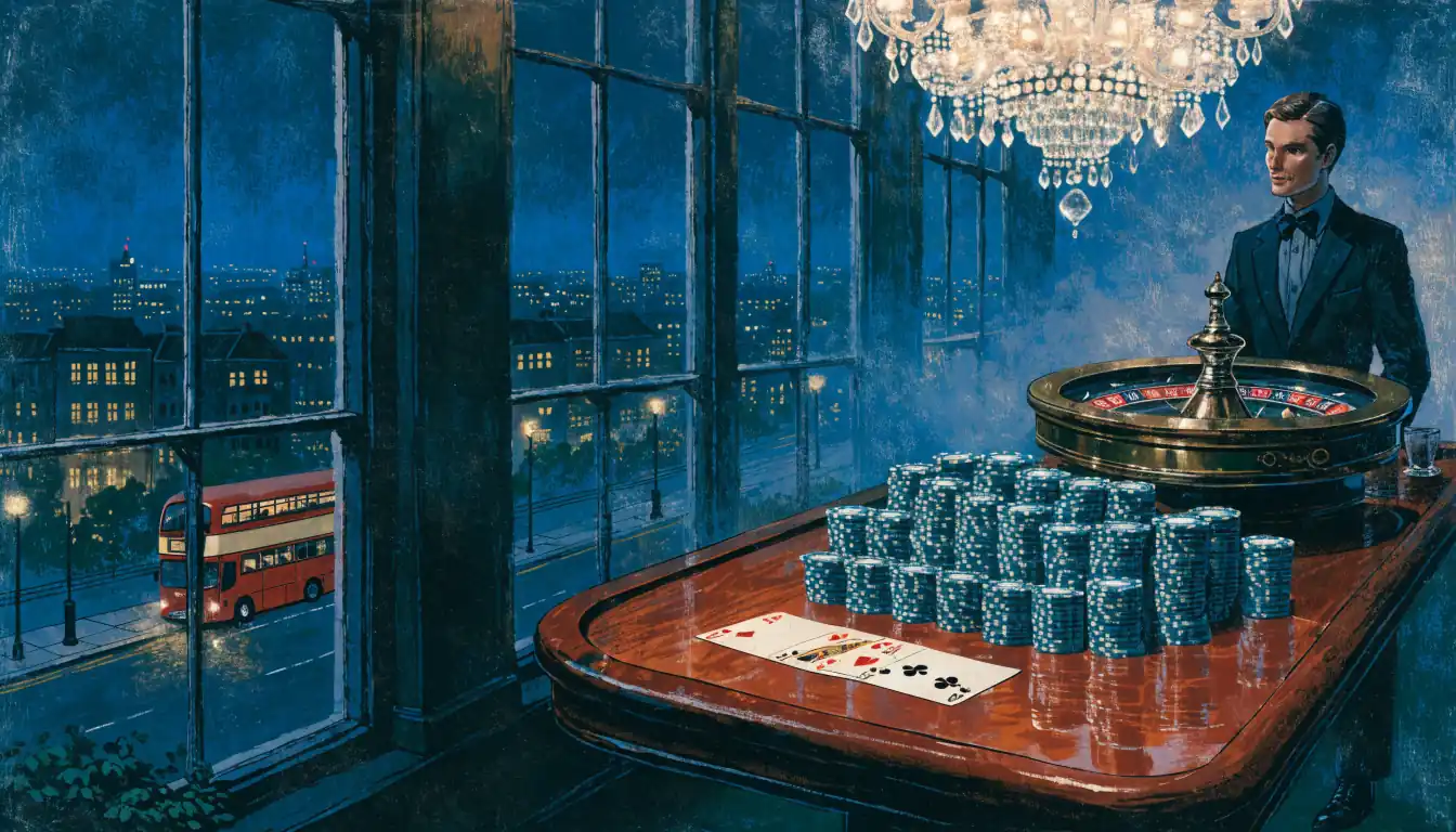 London casino lounge with card table, chips, roulette wheel, and city skyline at night.