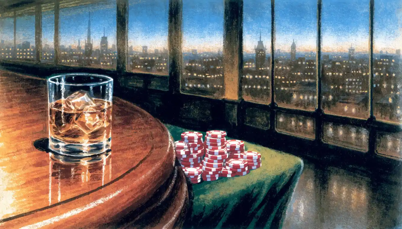Stylish London casino lounge with whisky glass and red chips on green felt.