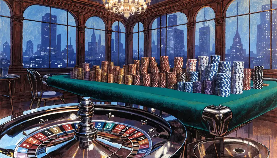 Elegant casino interior with chip stacks and roulette wheel, London skyline through arched windows.