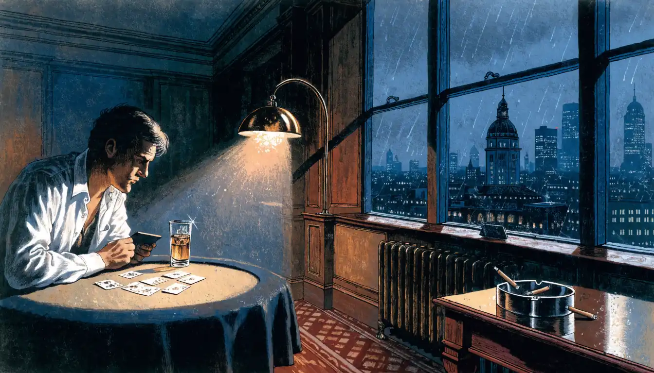 Solitary player at a casino table in a moody UK lounge
