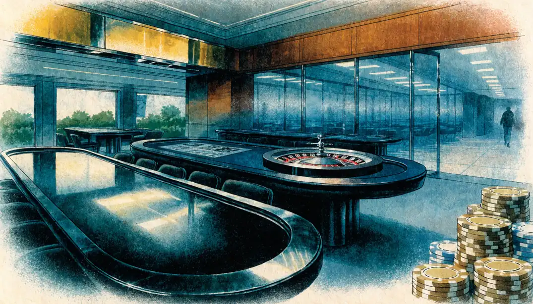 Modern UK casino lounge with roulette wheel and chip stacks.