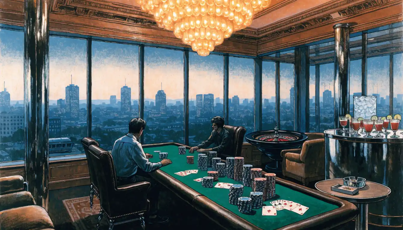 Stylish UK casino lounge with London skyline, gaming table with chips and cards, roulette wheel, warm lighting