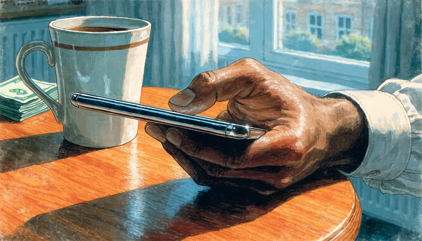 Hand holding a phone with cash and coffee on a sunlit table.