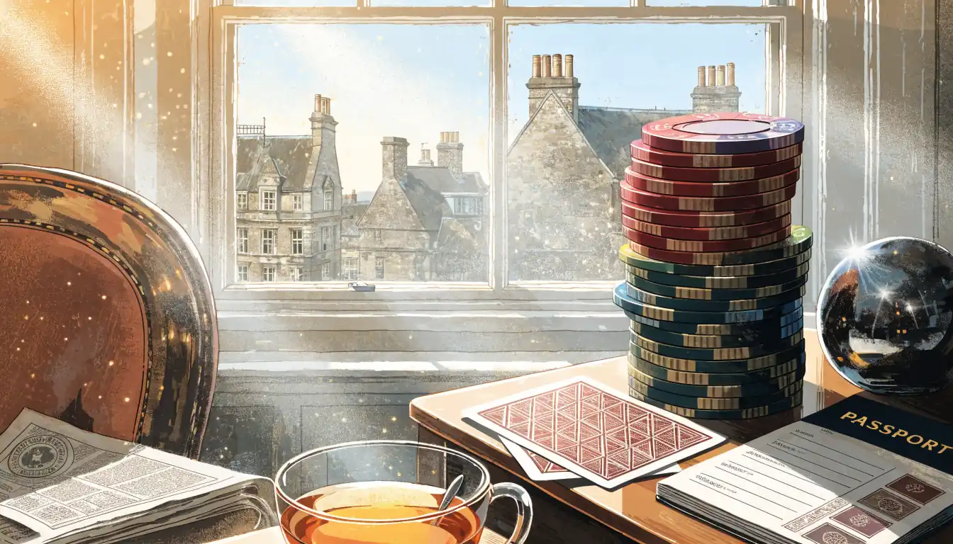 Casino chips, playing cards, open passport, and cup of tea on a table in a British apartment.