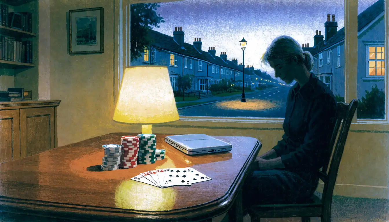 British living room at dusk with casino chips, playing cards, and a closed laptop.