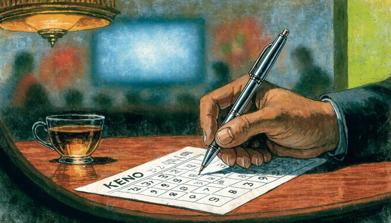 Hand marking a keno ticket with a pen at a pub table