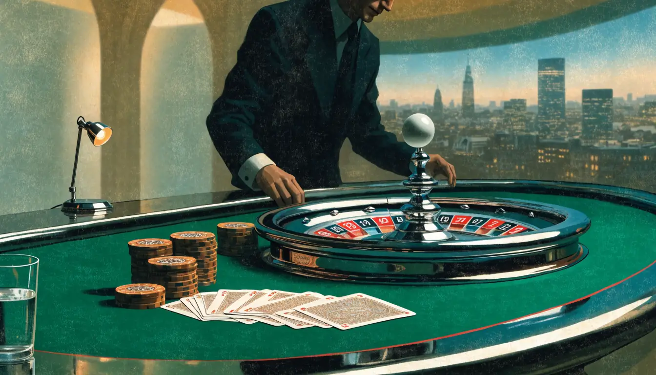 Live casino studio with croupier, roulette wheel and chips in London-themed setting.
