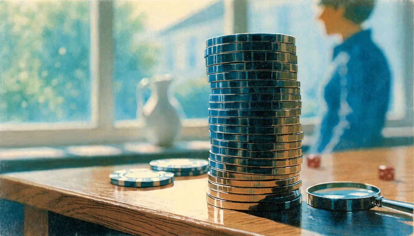 Stack of casino chips with a magnifying glass on a wooden table.
